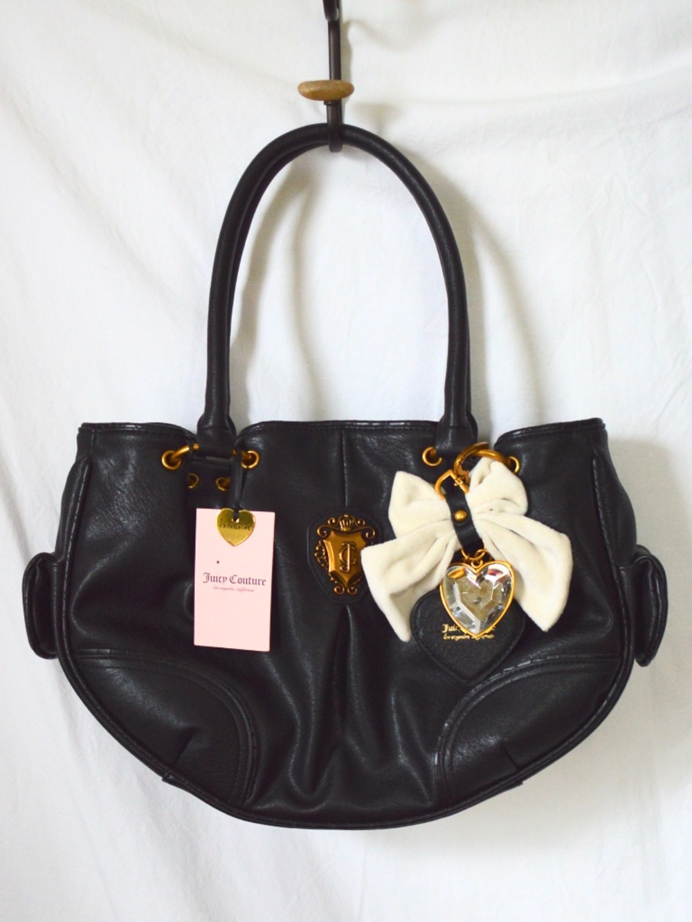 NEW Juicy Couture Romance Hobo Black Satchel Bag with Cream Bow NWT
